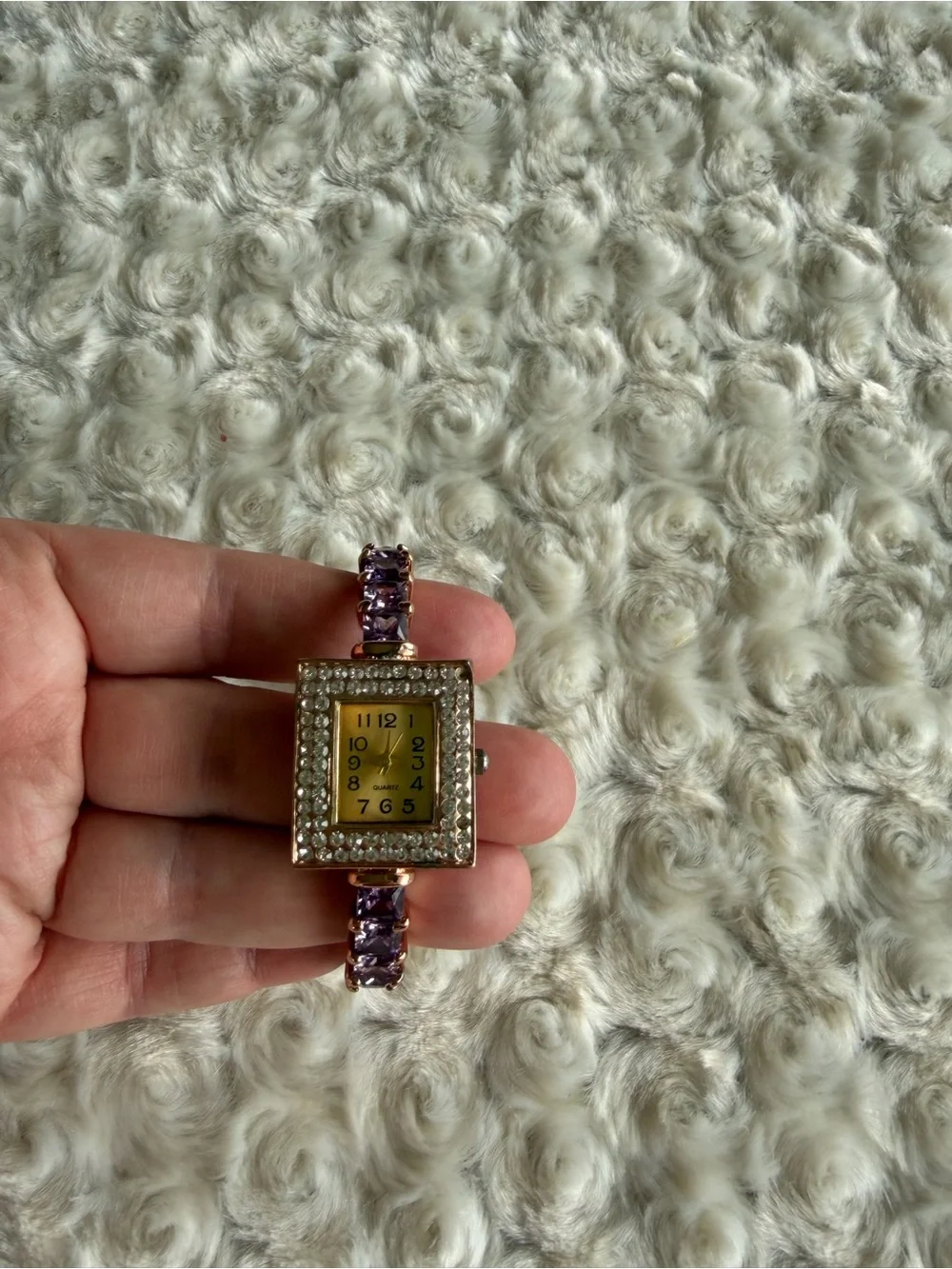 Rose Gold Bracelet Watch with Purple Gem Accents